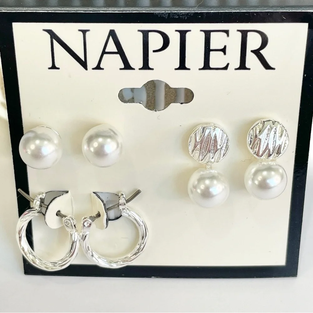 NWT Napier three pairs of silver and pearl earrings - Picture 4 of 5